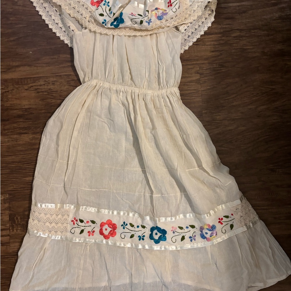 Mexican Embroidered Cream Midi Dress